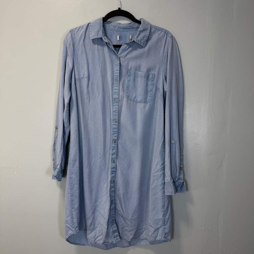 Light Blue Chambray Button Down Shirt Dress Roll Tab Sleeve